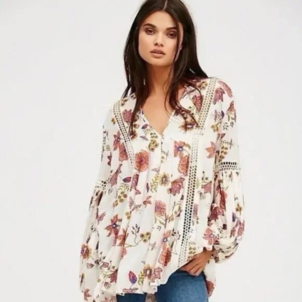 Floral Boho Blouse tunic free people size medium short dress Crochet Details - Picture 3 of 11